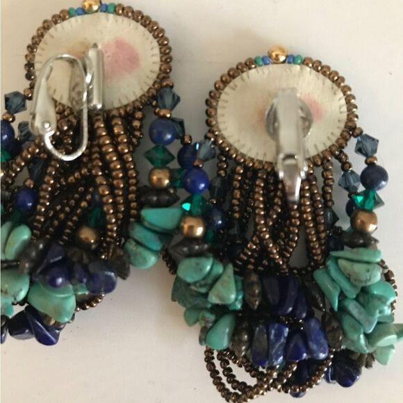 Vintage 80’s Turquoise & Blue Long Drop Clip On Earrings with Gold Tone Beads. - Picture 9 of 10